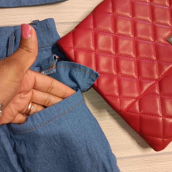 Casual Pocket Stretch Denim Plus Size Short Sleeve Crop Top Shorts Two-Piece - Picture 7 of 15